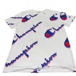 Champion All Over Logo Script Print T Shirt White Blue Red Small